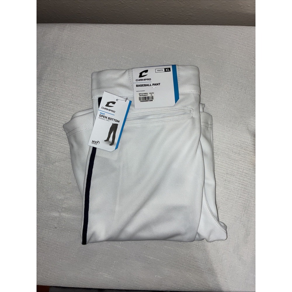 NWT CHAMPRO MVP OPEN BOTTOM BASEBALL PANTS WHITE NAVY PIPING- YOUTH XL
